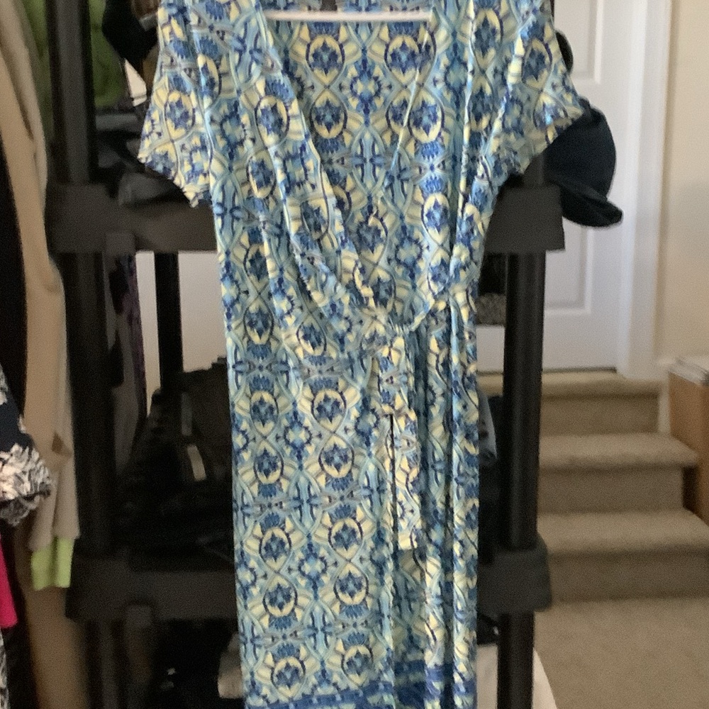 The Limited blue and Cream Printed Midi Wrap Dress with Tie Waist